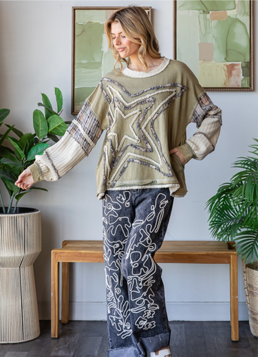 Star Patchwork Sweatshirt- Olive